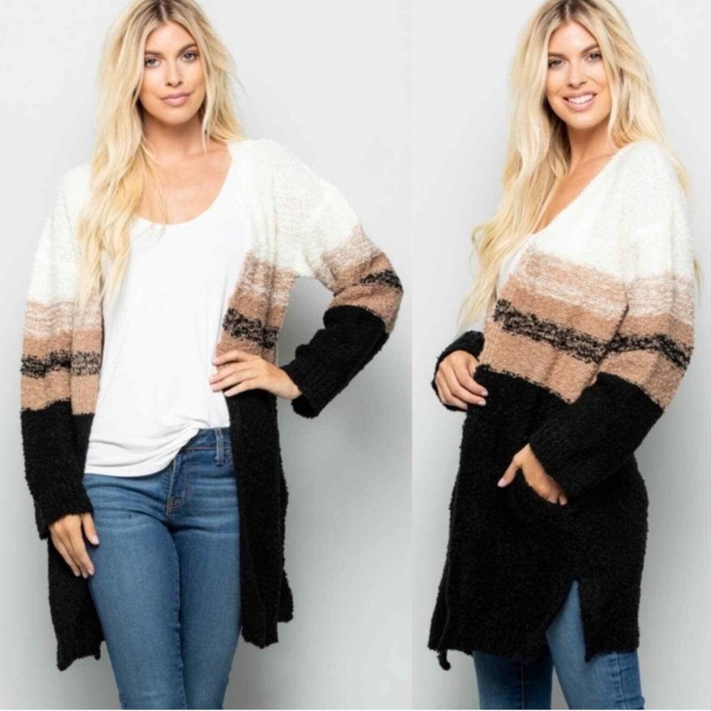 KNITTED LONG CARDIGAN, WHITE TAN BLACK COLOR BLOCK